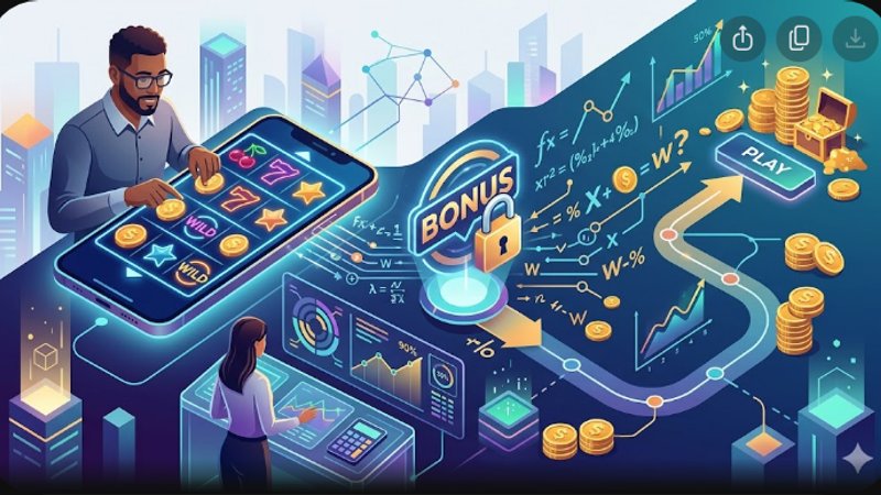 Иллюстрация с математическими формулами и игровым слотом для статьи о вейджеринге мобильных бонусов
