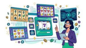 Современная редакционная иллюстрация с виртуальными игровыми автоматами для каталога слотов компании Fomo 19 Sore