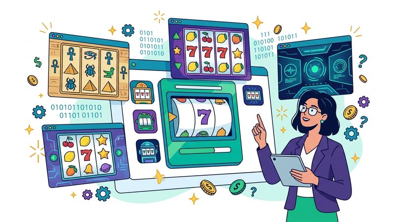 Современная редакционная иллюстрация с виртуальными игровыми автоматами для каталога слотов компании Fomo 19 Sore
